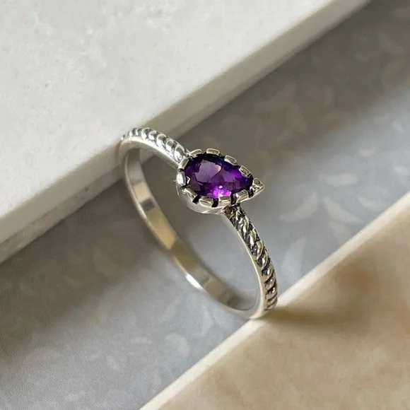 Dainty 925 Sterling silver Amethyst Ring, US:8 “VIBES” - Picture 3 of 14